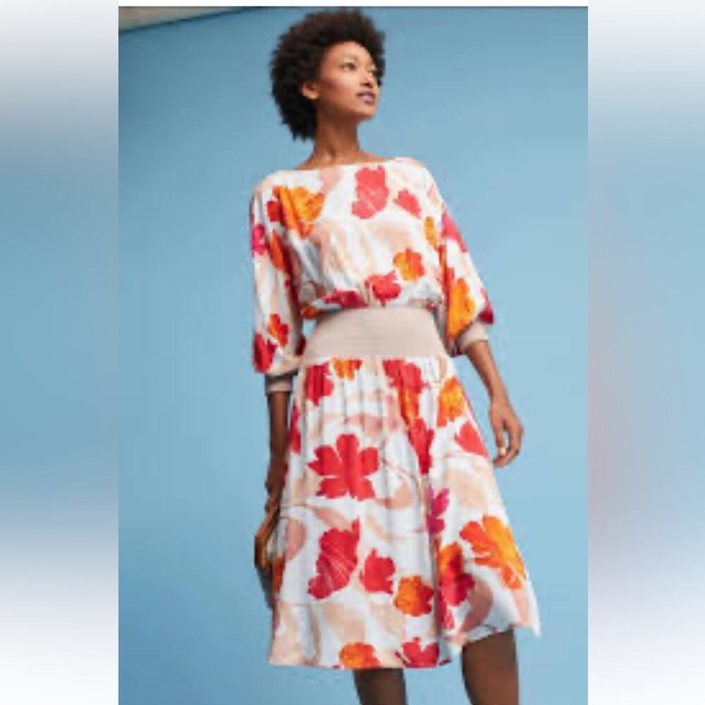 Maeve Anthropologie Dress Gemma Midi 3/4 Sleeve Floral Blue ,Orange ,Red  Size M